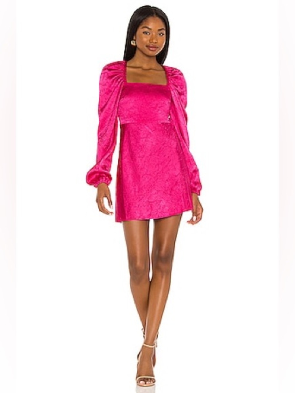Lovers + Friends Azusa Mini Dress Satin Square Neck Balloon Sleeve Hot Pink Sz S